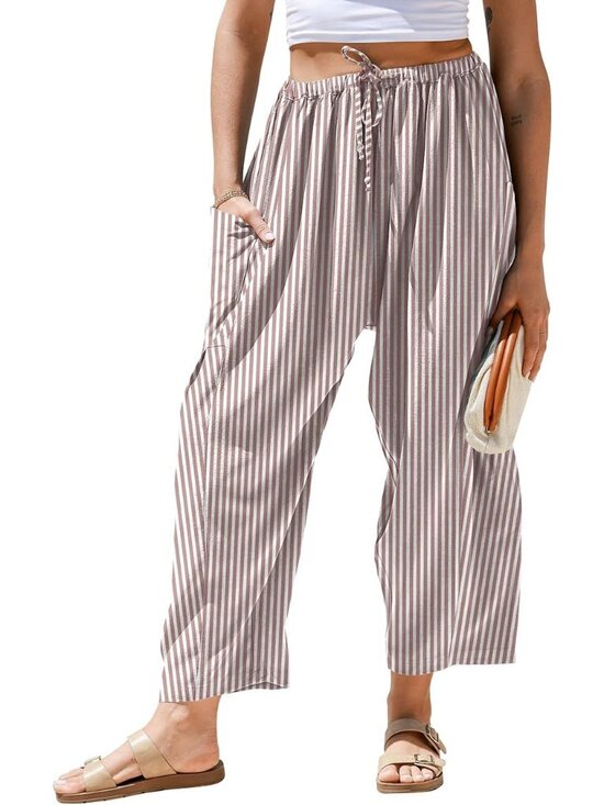 Pants - Women's Red White Linen Wide Leg Striped Palazzo Harem Walking Holiday Pants